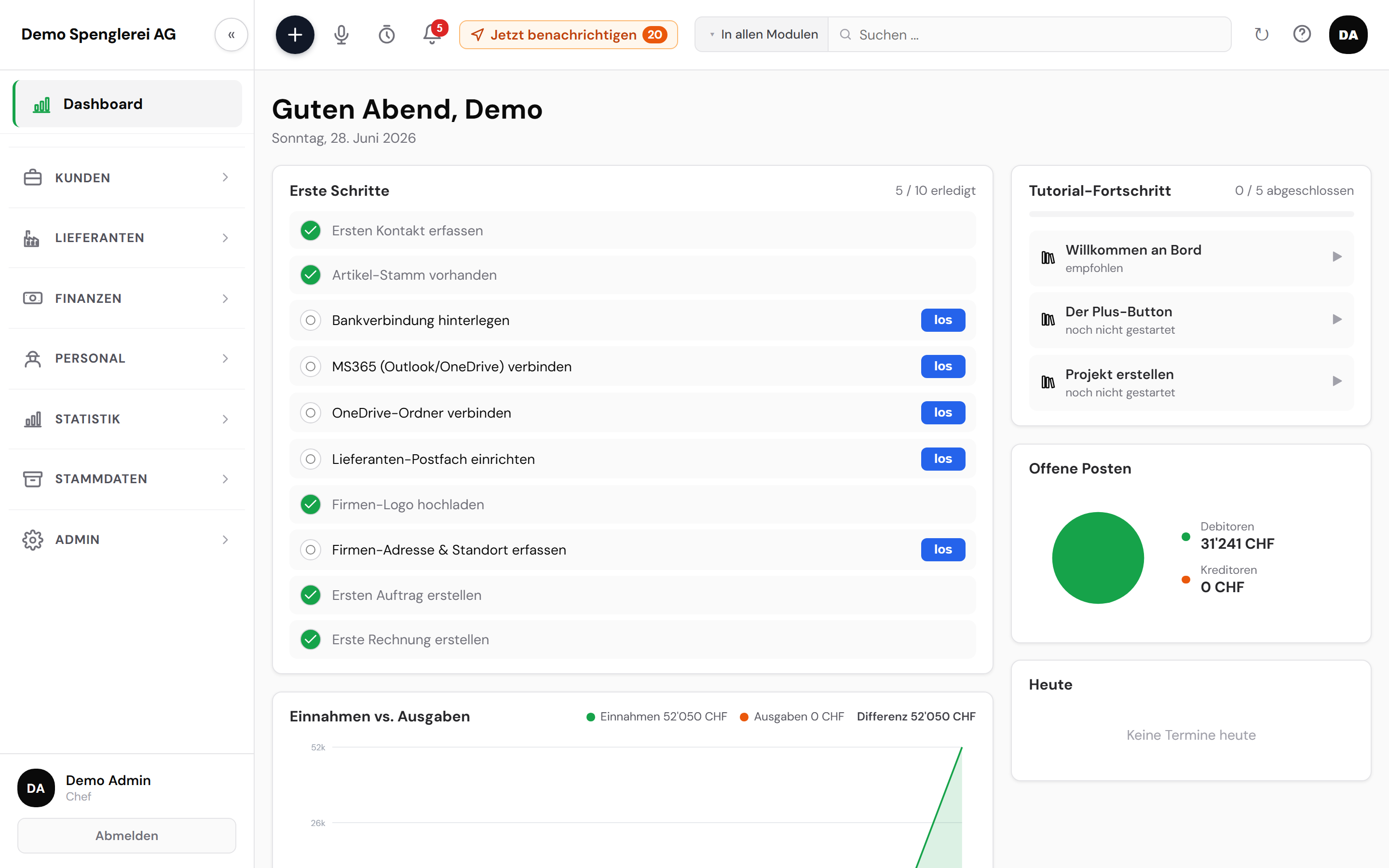Meistro Dashboard mit Kennzahlen und Erste-Schritte-Assistent