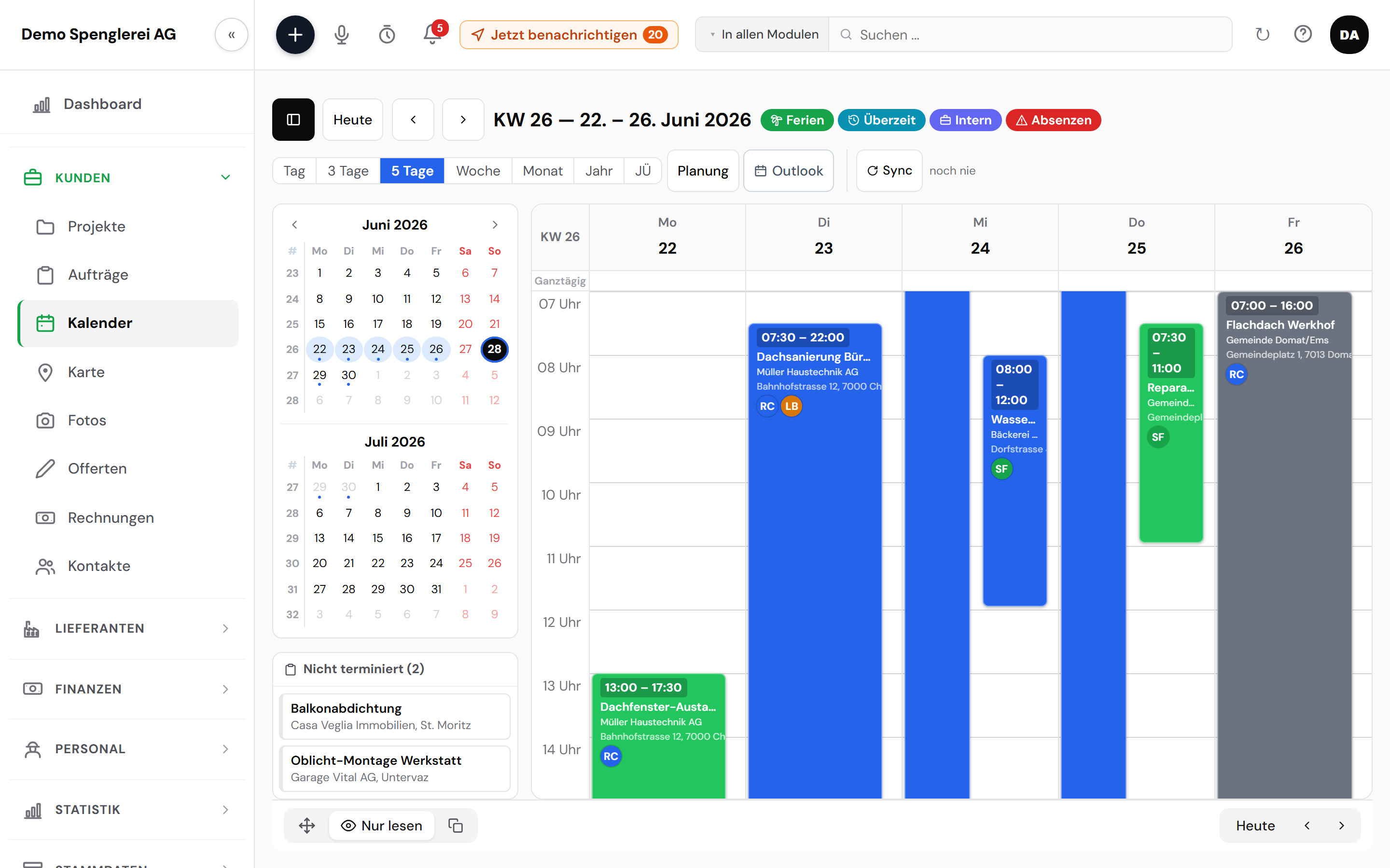 Wochenkalender mit Terminen und Monteur-Zuteilung