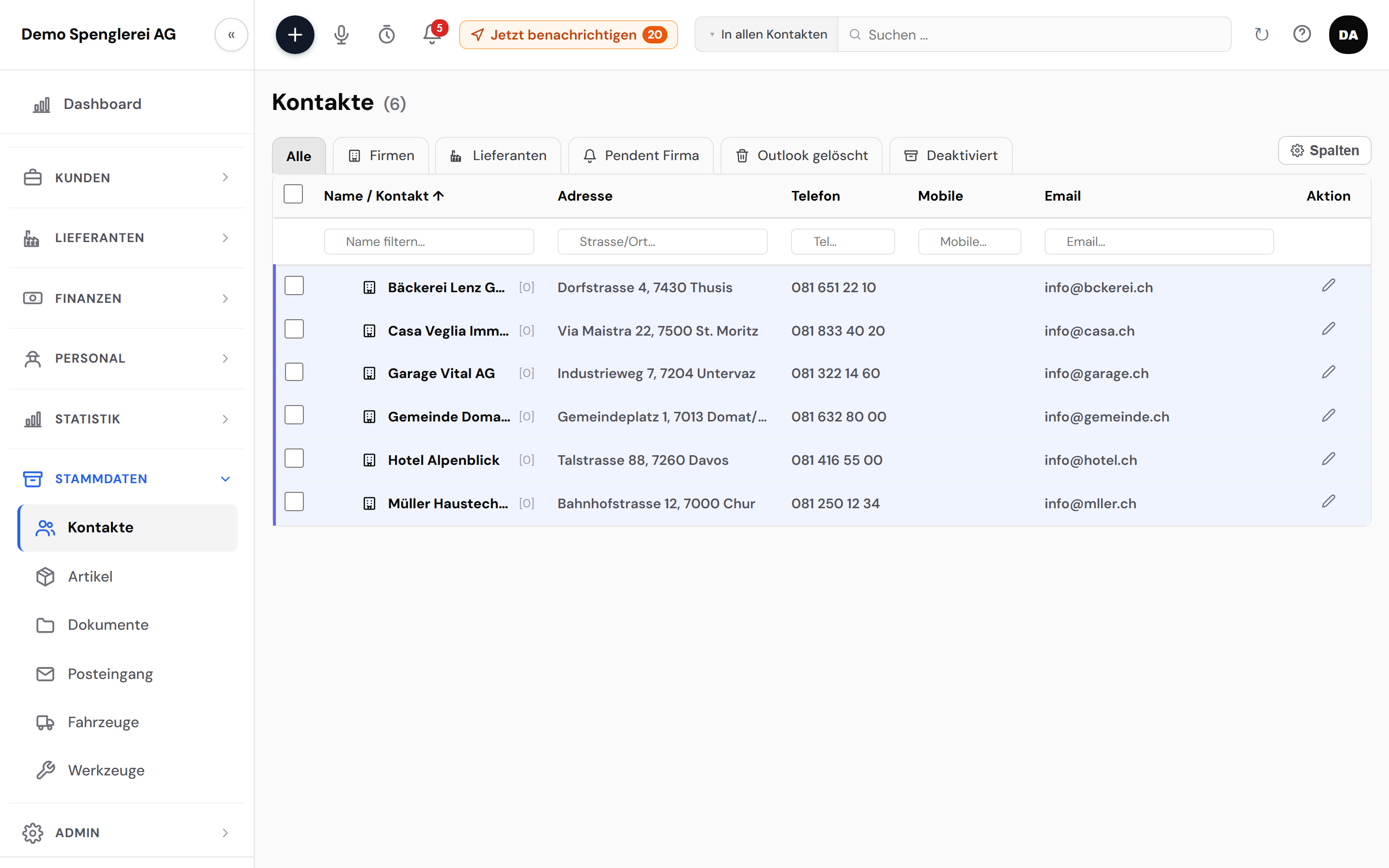 Kontakte-Liste mit Firmen, Adressen und Kontaktdaten